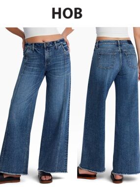 HINT OF BLU MIGHTY BELTED HIGH WAIST WIDE LEG RAW HEM JEANS BLUE STREAM SIZE 29